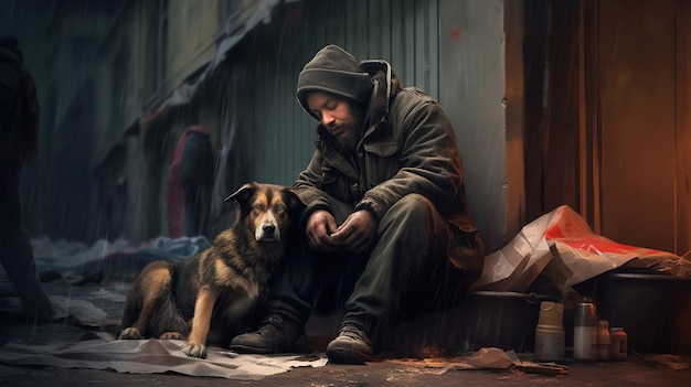 Een dakloze man met een hond zit op straat