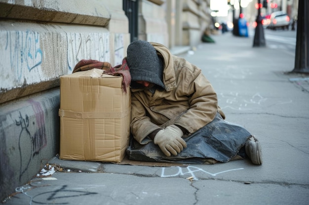 Foto een dakloze man op een stadsstraat een eenzame dakloze man