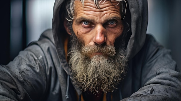 Foto een dakloze man op een stadsstraat.