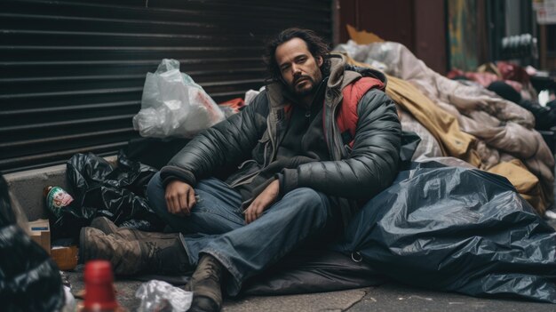 Foto een dakloze man op een stadsstraat.