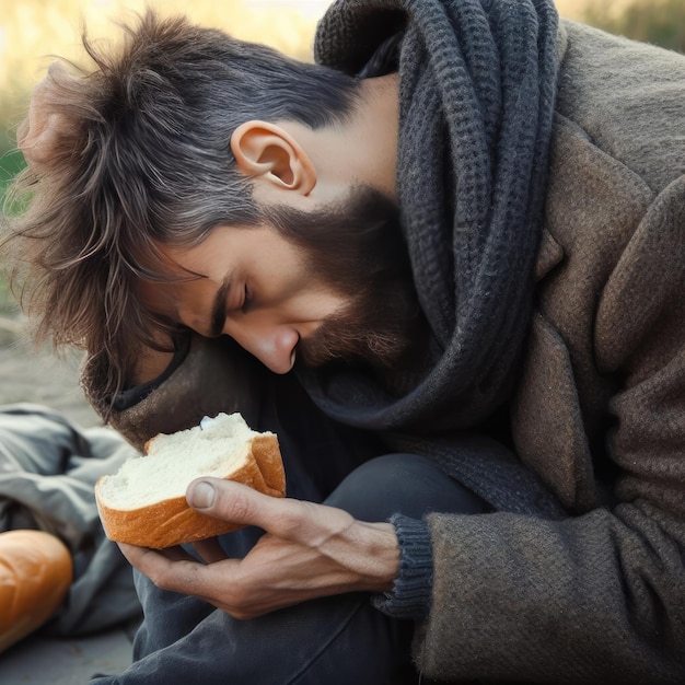 Foto een dakloze man op straat met één stuk brood