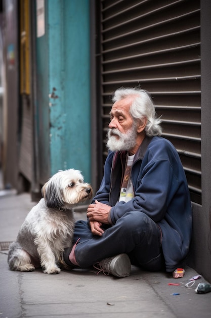 Een dakloze man zit in een steegje met zijn hond gemaakt met generatieve AI