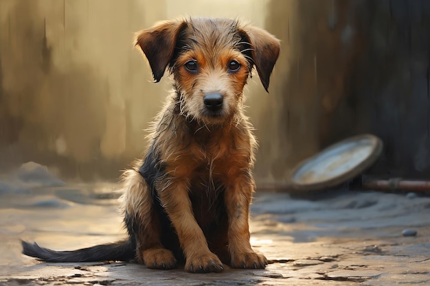 Een dakloze vuile puppy zit op straat