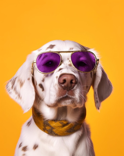 Een Dalmatische hond met een paarse zonnebril