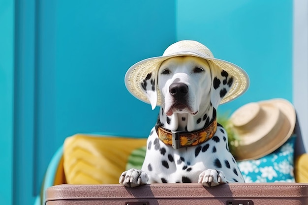 Een Dalmatische man met een hoed en een bril zit in een koffer op een blauwe achtergrond