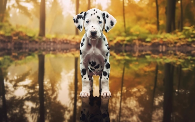 Een Dalmatische puppy die op een boomstam in het bos staat