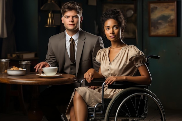 Een dame grijpt een koffiekopje naast een heer in een rolstoel