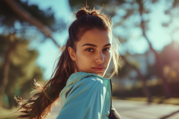 een dame in sportkleding van ochtend strekt zich uit naar buiten loopt