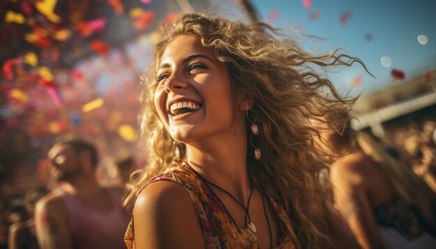 Een dame lacht van vreugde en geluk terwijl ze ontspant op het strand op een zomerfeest omringd