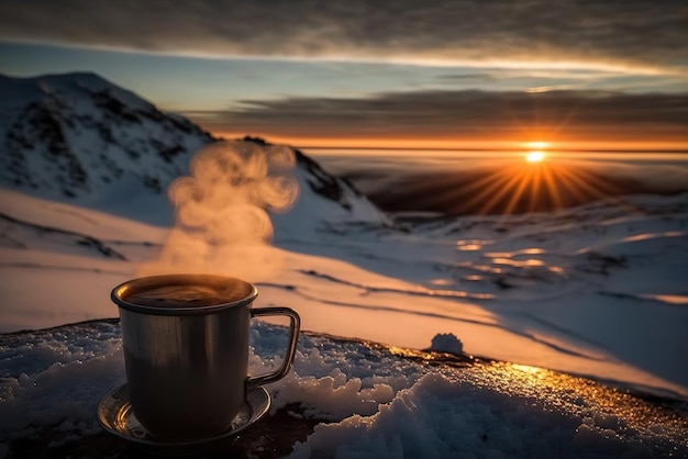 Een dampend hete koffie bovenop een besneeuwde berg