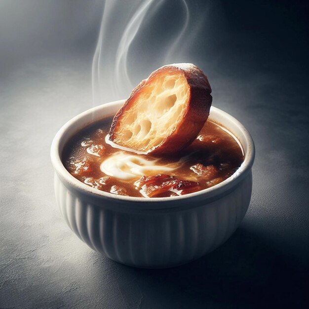 Een dampende kom met een sneetje brood ernaast, Franse uiensoep van Ai gegenereerd