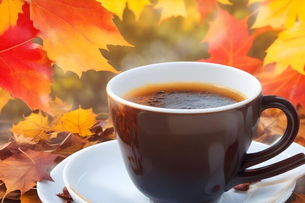 Een dampende kop koffie omringd door een levendige reeks herfstbladeren, koffiedag genereerde Ai