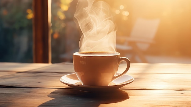 Een dampende kop koffie op een houten tafel ultrarealistisch