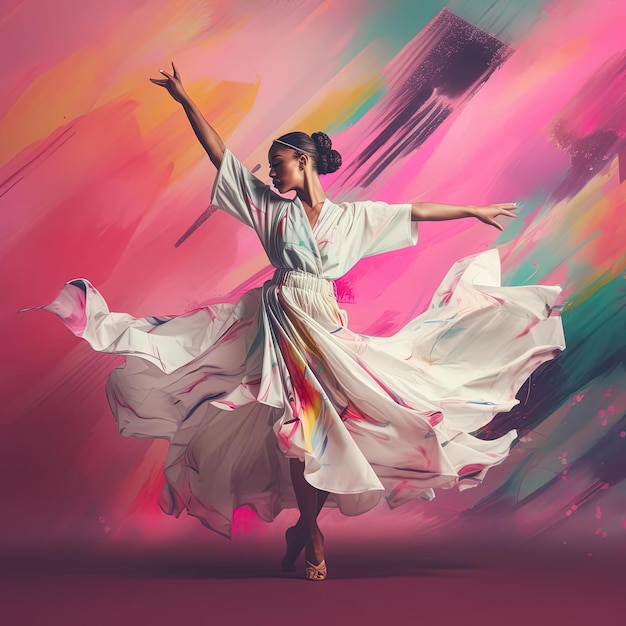 een danseres beweegt over een kleurrijke achtergrond