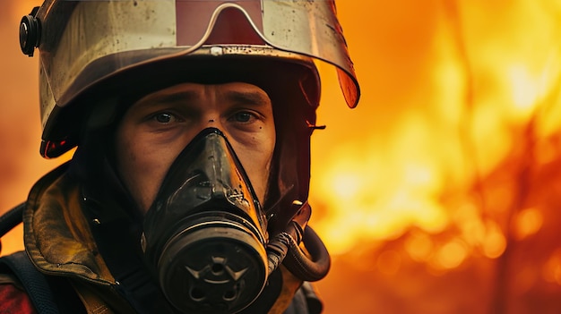 Foto een dappere brandweerman in het midden van de actie tegen een achtergrond van vlammen die moed en