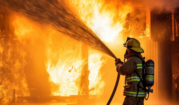 Foto een dappere brandweerman vecht tegen de brand en blust een brandend gebouw uit.