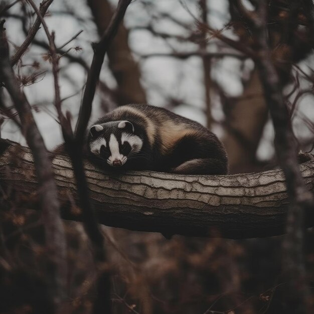 Een das slaapt op een boomtak in het bos.