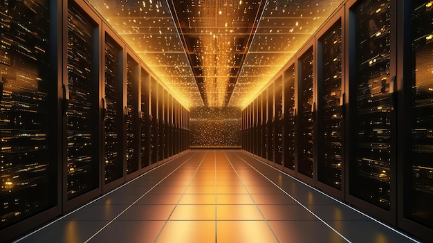 Een datacenter met rijen servers in een lange gang Generatieve ai