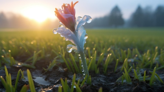 Een dauwbedekte bloem in het gras glinstert met waterdruppels