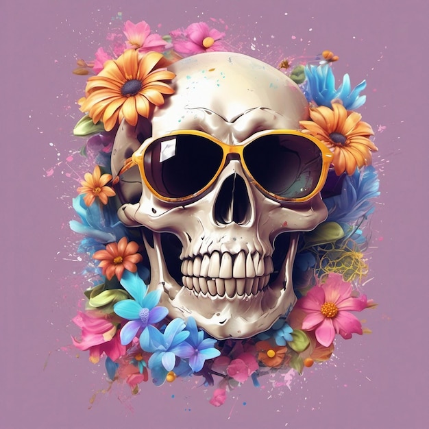 een Dead Skull met een trendy zonnebril t-shirt met bloemen en splasht-shirt
