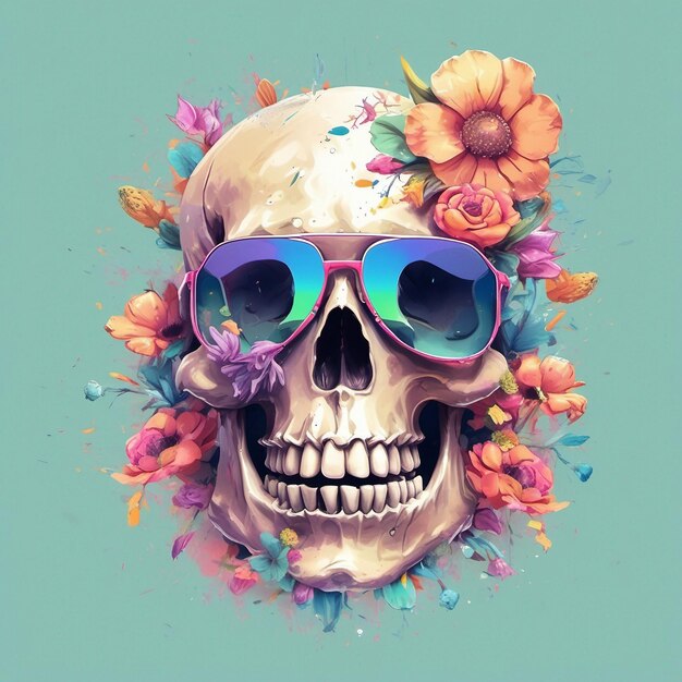 een Dead Skull met een trendy zonnebril t-shirt met bloemen en splasht-shirt