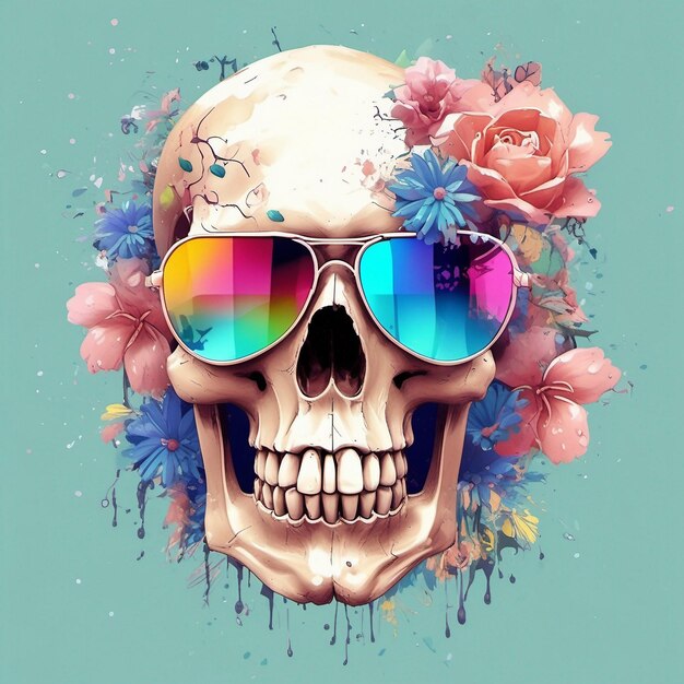 een Dead Skull met een trendy zonnebril t-shirt met bloemen en splasht-shirt