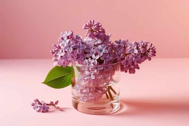 Een delicaat glas water bevat een prachtig arrangement van geurende lila bloemen
