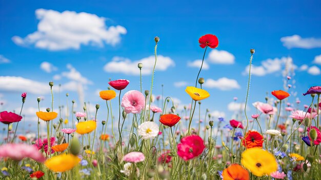 Een delicate bloeiende bloem in een kleurrijke weide onder een blauwe hemel