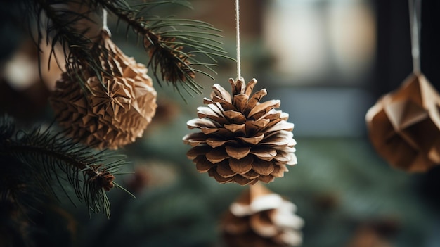 Een dennenappel die aan een kerstboom hangt
