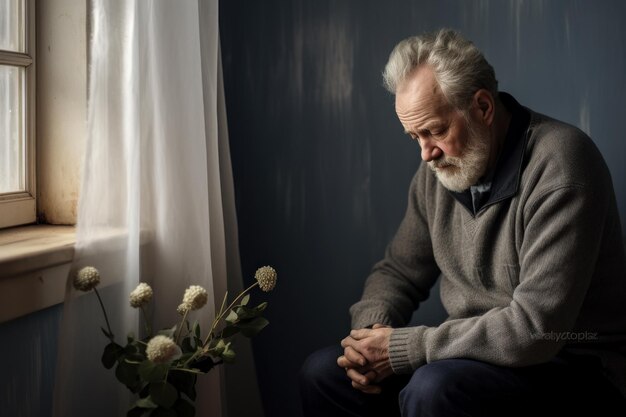 Foto een depressieve bejaarde man in huisquarantaine lijdt aan eenzaamheid
