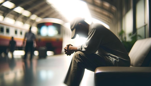 Een depressieve persoon met zijn hoofd op zijn knieën zit op een bank of bed in een wazige omgeving