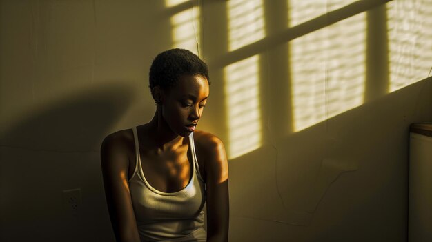 Een depressieve vrouw zit met haar rug tegen de muur in een donkere kamer met een licht dat schijnt