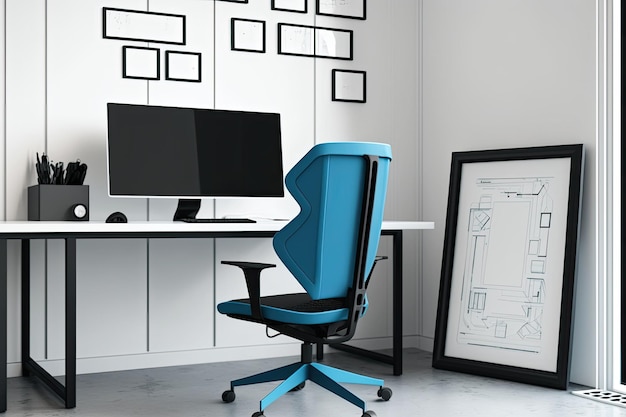 Een designwerkplek met een wit computerscherm en frames heeft een moderne zwarte stoel