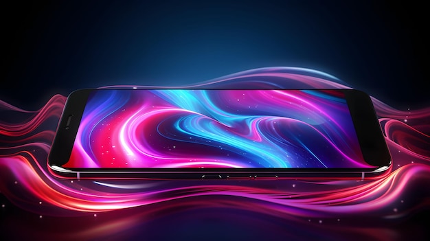 Foto een desktop behang neon galaxy waves met smartphone