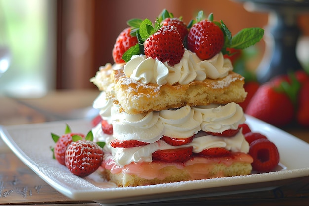 Een dessert met aardbeien erop op een bord op een tafel met een vaas met pastelbloemen