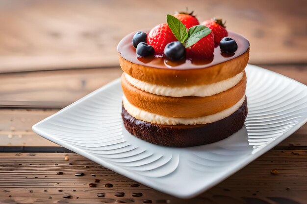 Foto een dessert met bessen erop staat op een bord.