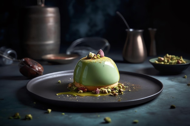 Een dessert met een gele saus en pistachenoten op een zwarte plaat.