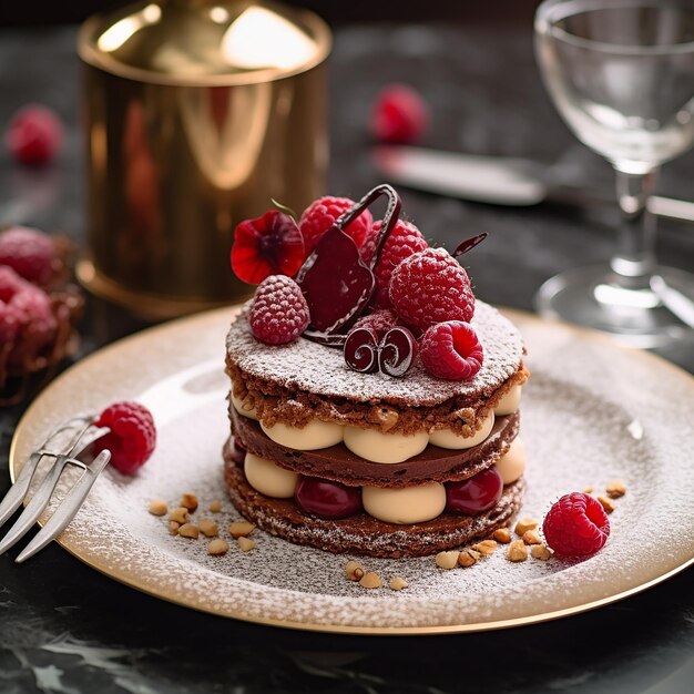 een dessert met frambozen en room erop