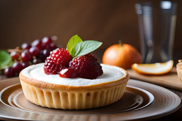 Een dessert met fruit en een glas water.