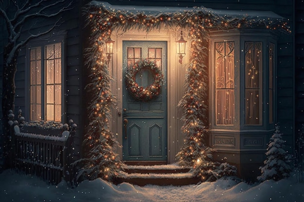 Een deur met een krans erop waarop kerst staat.