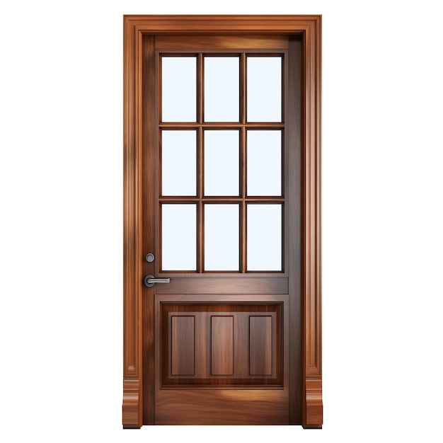 Een deur met transparante ramen is uitgesneden op een transparante achtergrond donkere houten deur om in te gaan