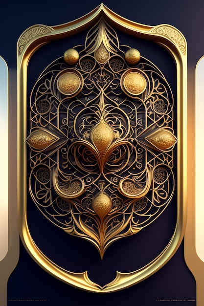 Een deur van goud en zwart metaal met een patroon van cirkels en het woord erop
