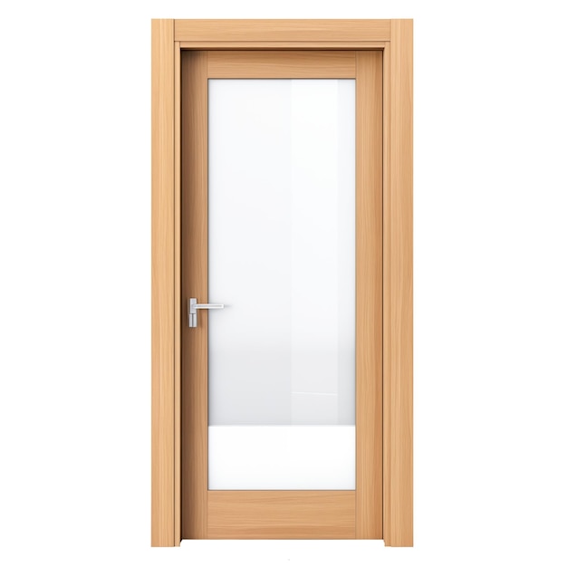 Een deur voor een appartement met doorzichtige ramen is uitgesneden op een doorzichtige achtergrond van licht hout