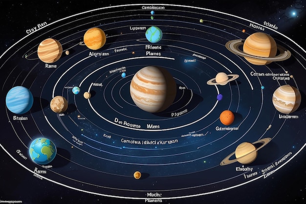 Foto een diagram van de planeten in ons zonnestelsel met de namen van de planeten