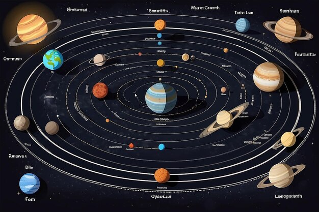 Foto een diagram van de planeten in ons zonnestelsel met de namen van de planeten