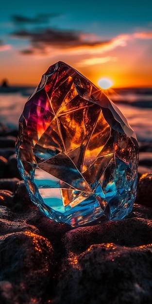 Een diamant op het strand bij zonsondergang