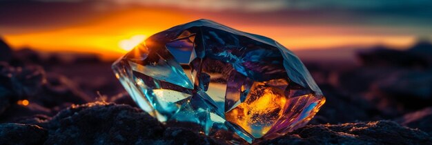 Een diamant zit op een tafel voor een zonsondergang.