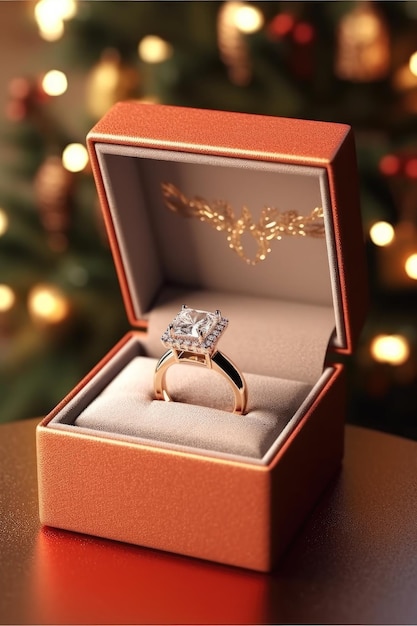 Een diamanten ring in een doosje met een gouden band.