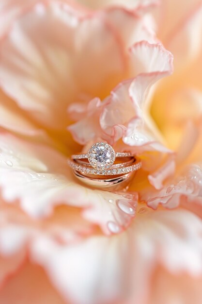 Foto een diamanten ring in zachte bloemblaadjes staat voor blijvende liefde.