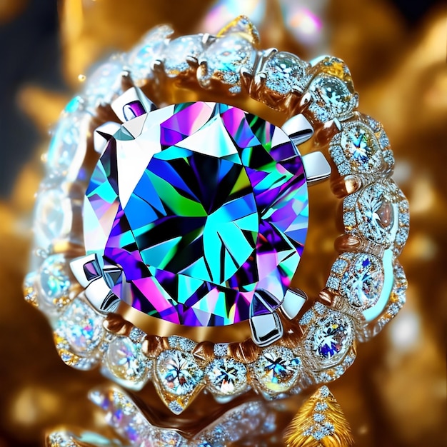 Een diamanten ring met blauwe diamanten staat op een gouden achtergrond.